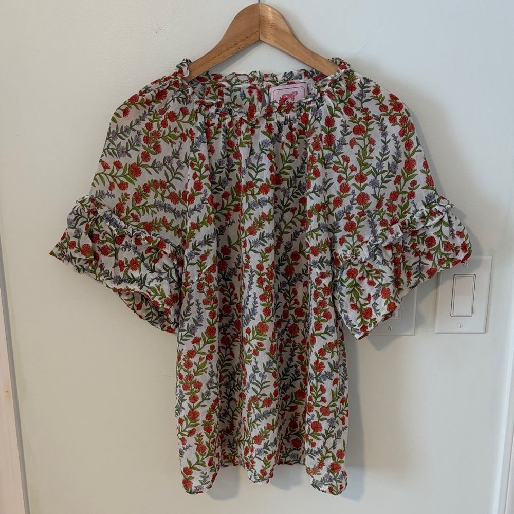 Banjanan Floral Ruffle Sleeve Women’s Top - Red/Green on Cream